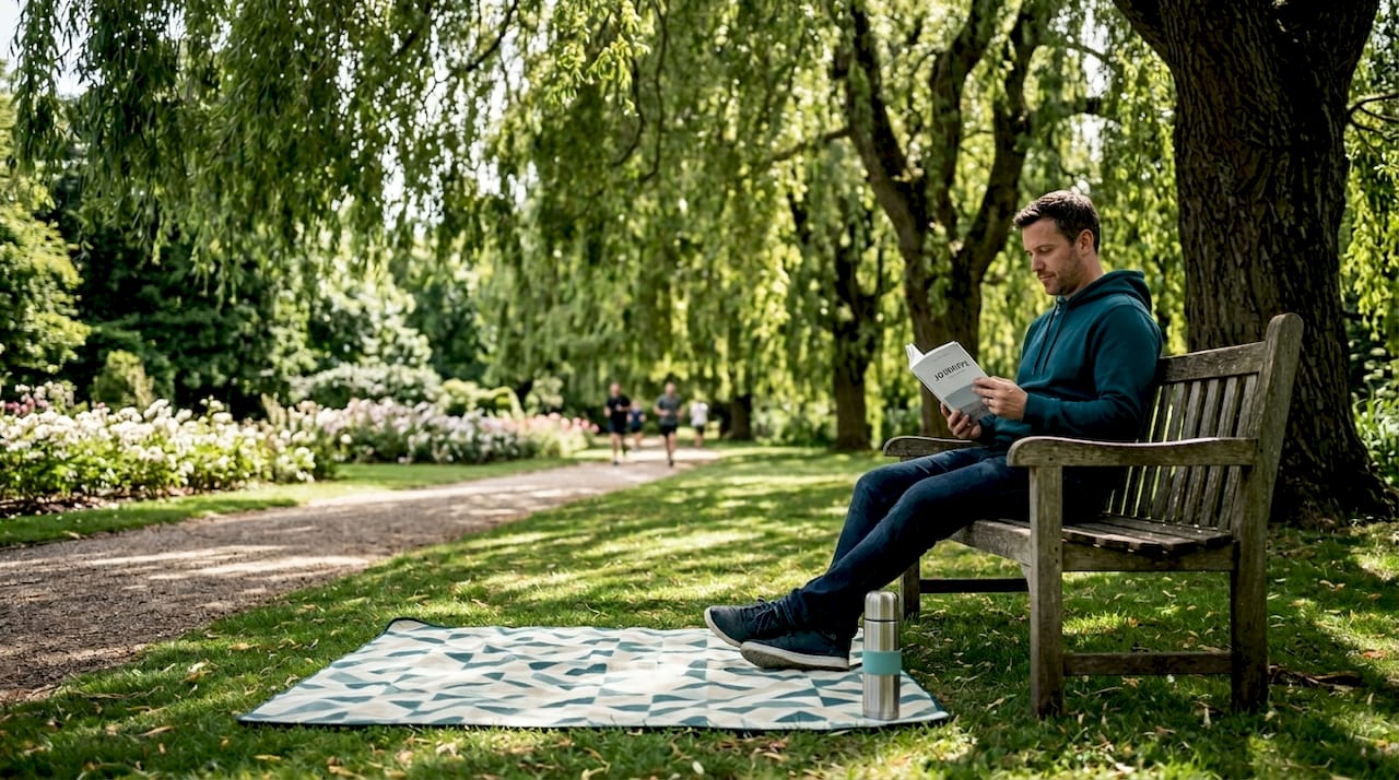 Father resting on park bench enjoying a book