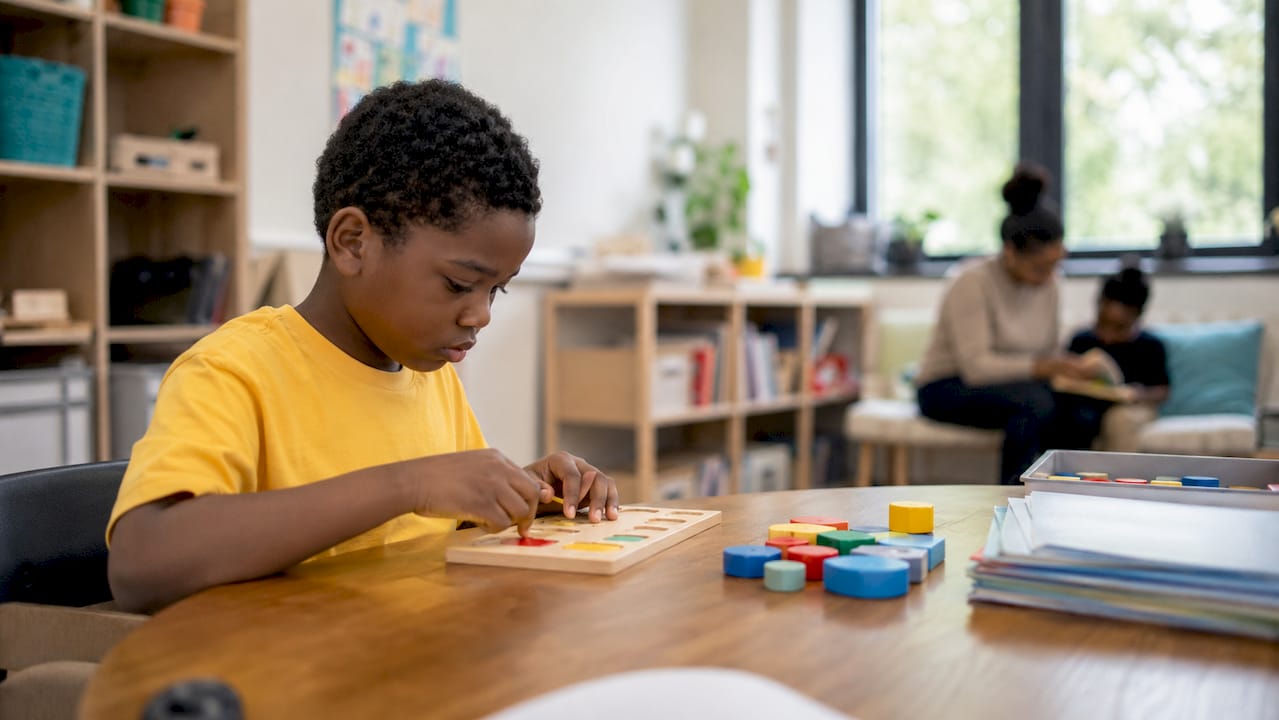Autistic child participating in classroom activity
