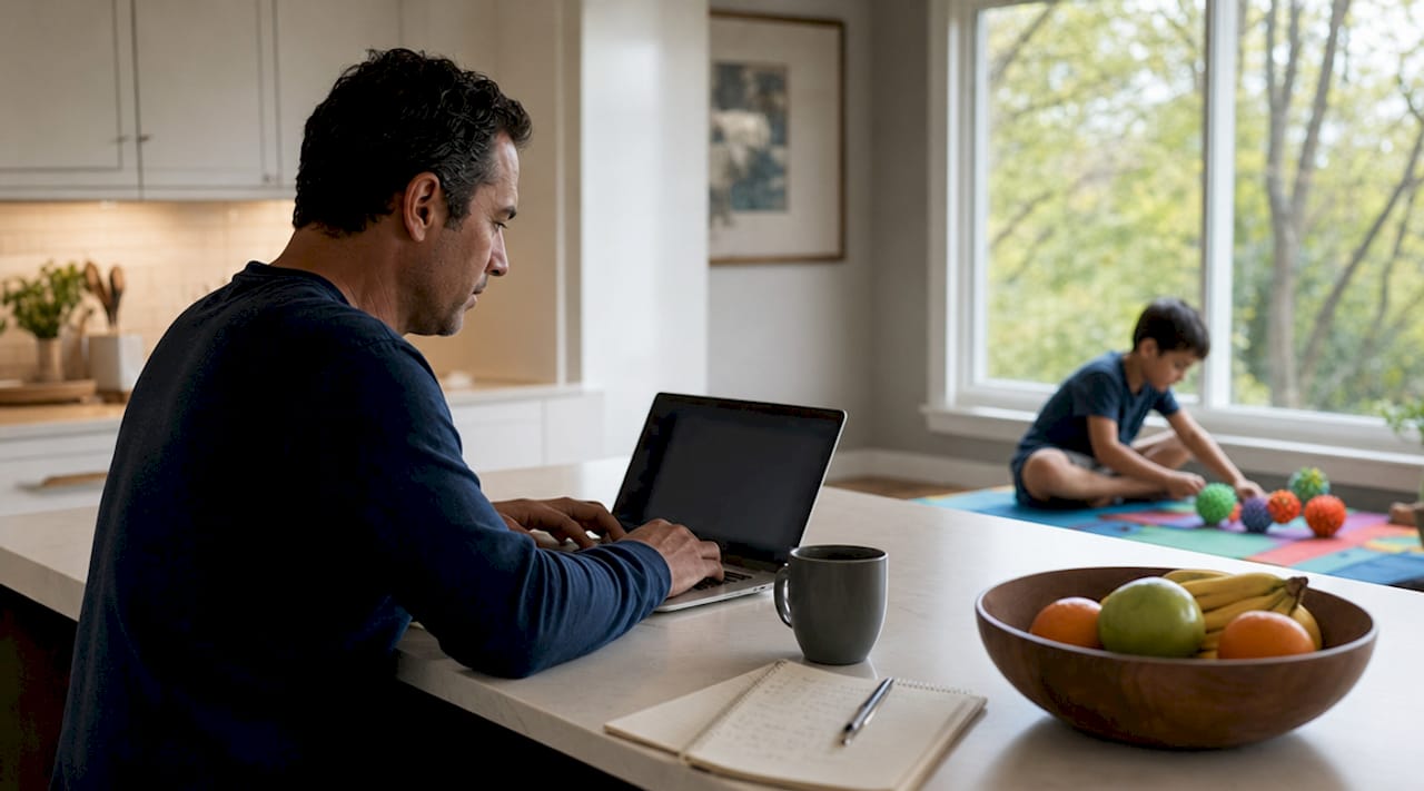 Caregiver managing autism coordination at home laptop