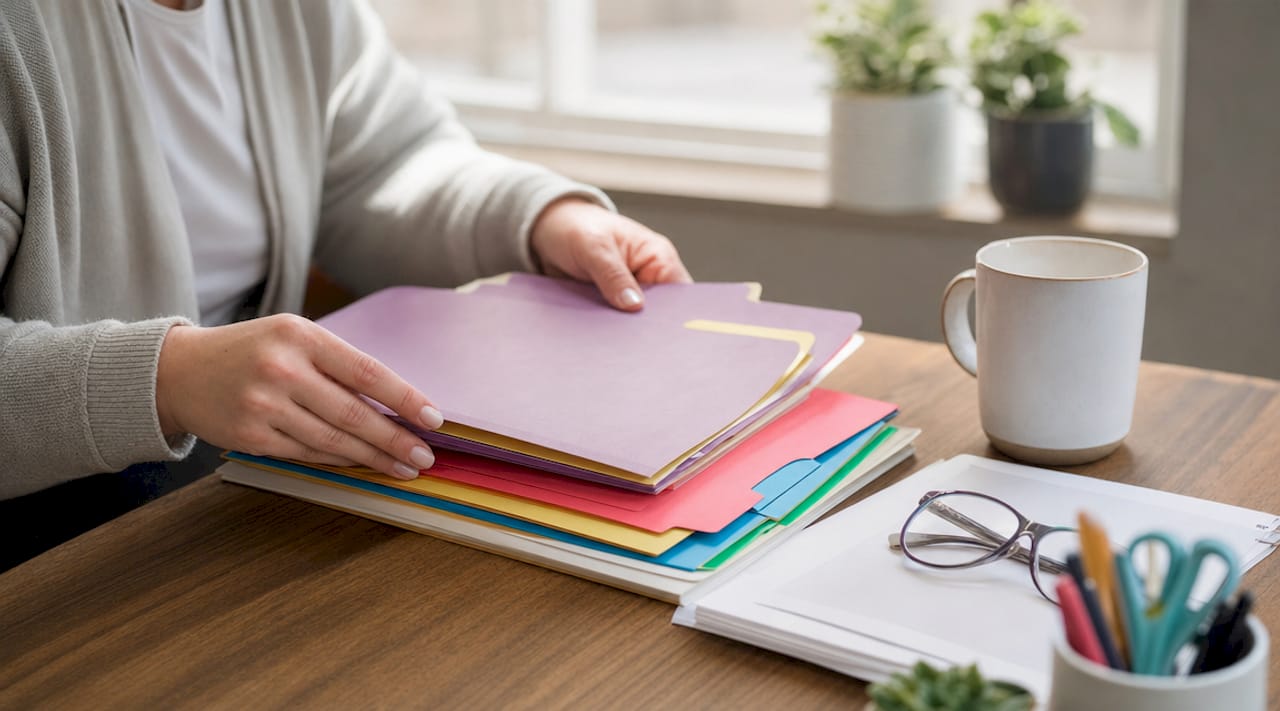 Hands organizing essential autism documents on desk