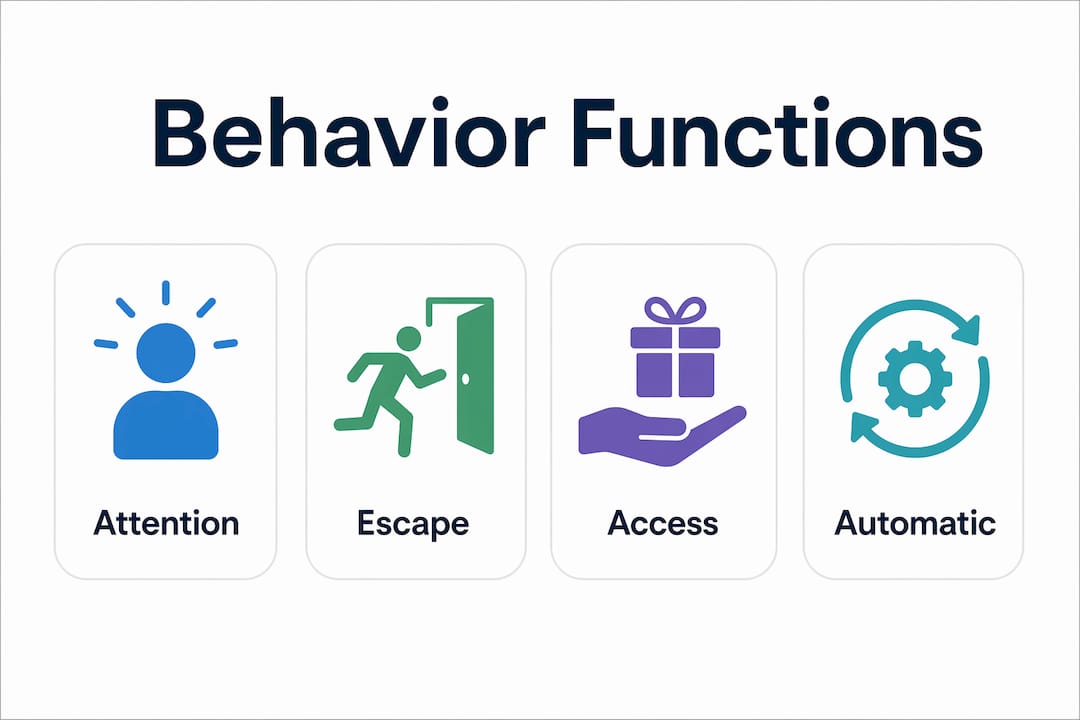 Infographic illustrating four behavior functions in functional behavior assessment