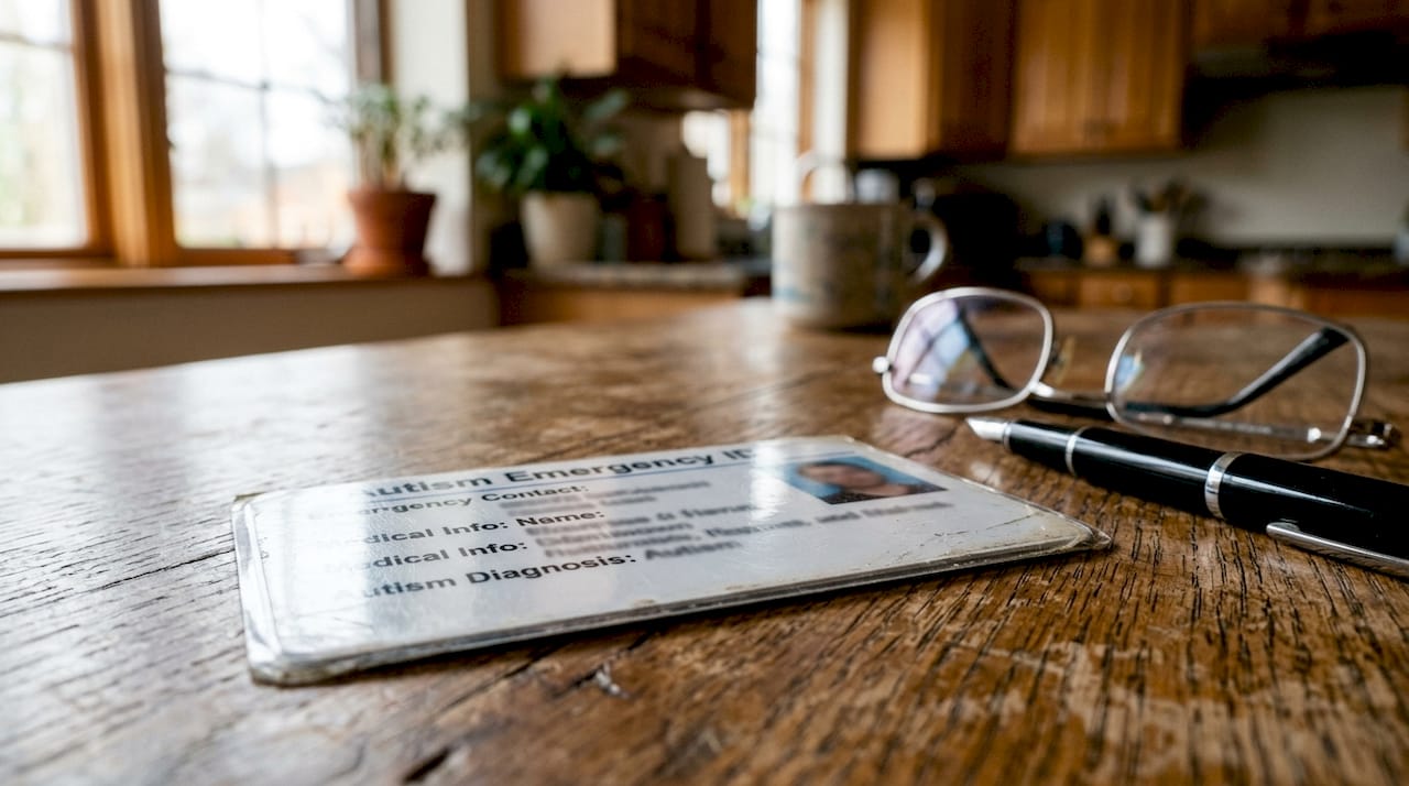 Close-up of laminated autism emergency ID card on fabric