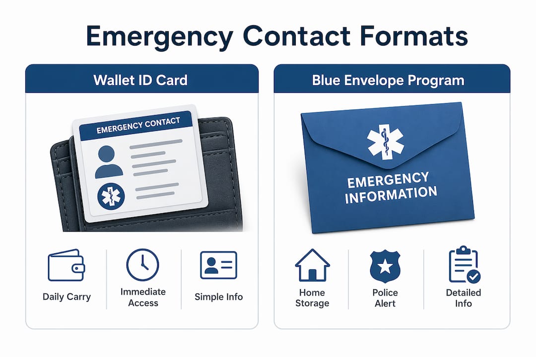 Infographic comparing wallet ID card and blue envelope program formats