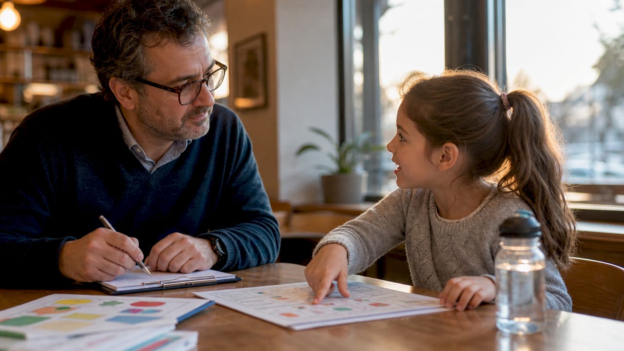 Therapist writing notes with child