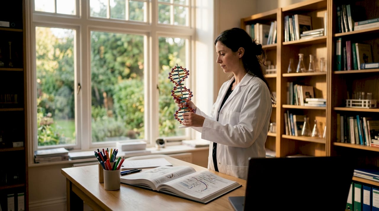 Hands holding DNA model on genetics research desk