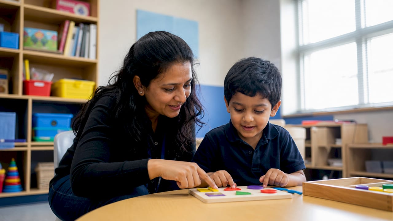 Teacher supporting autistic child in classroom setting