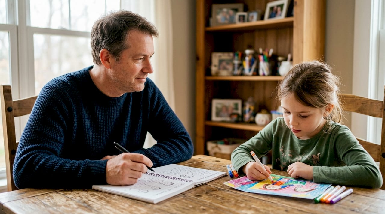 Parent writing social cue journal with child
