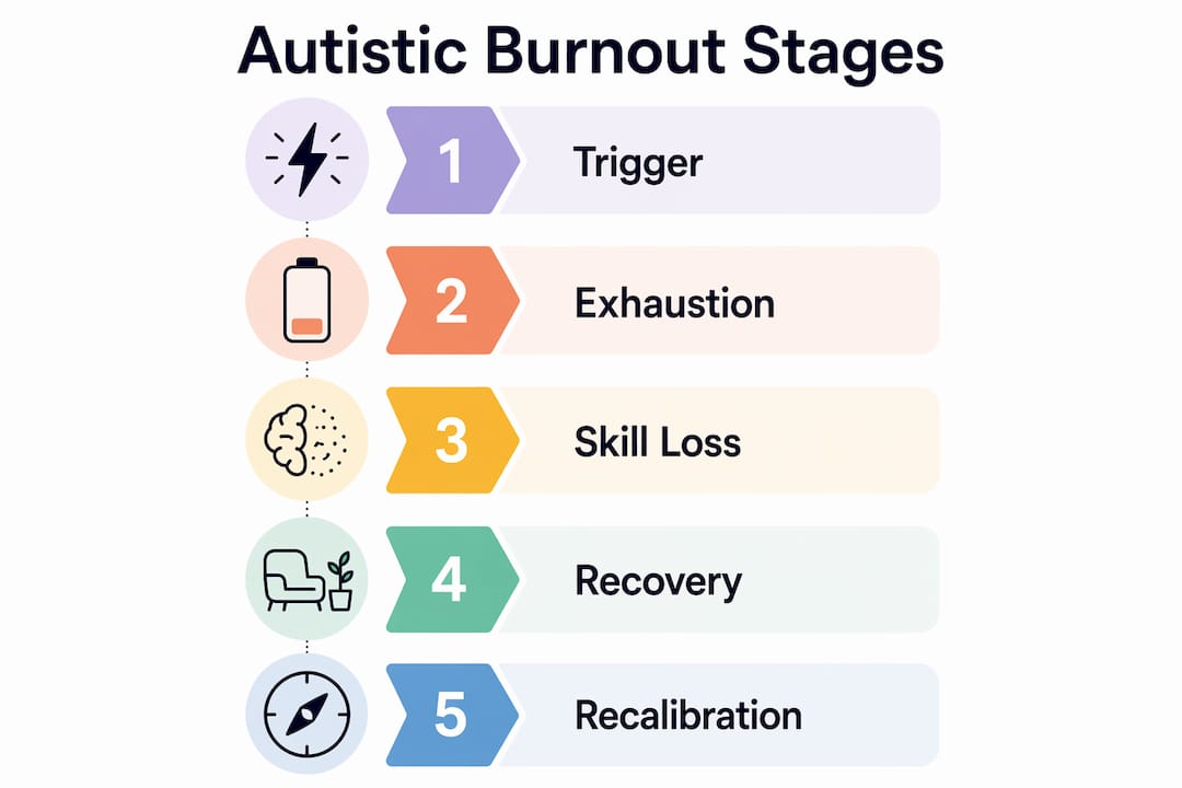 Infographic showing autistic burnout stages and recovery