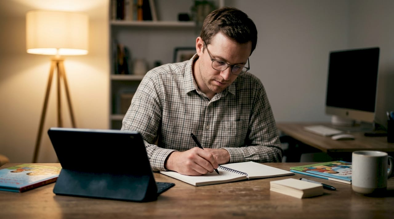 Father taking notes on early intervention at kitchen table