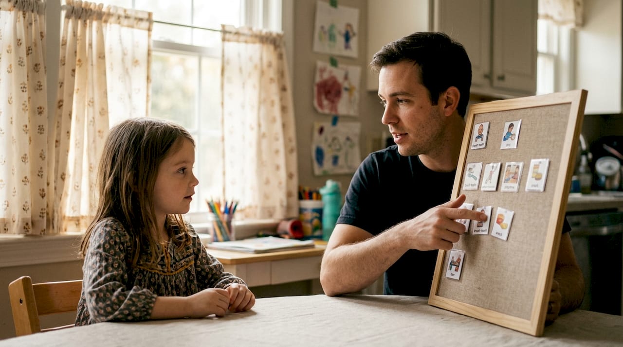 Father and daughter using autism visual schedule