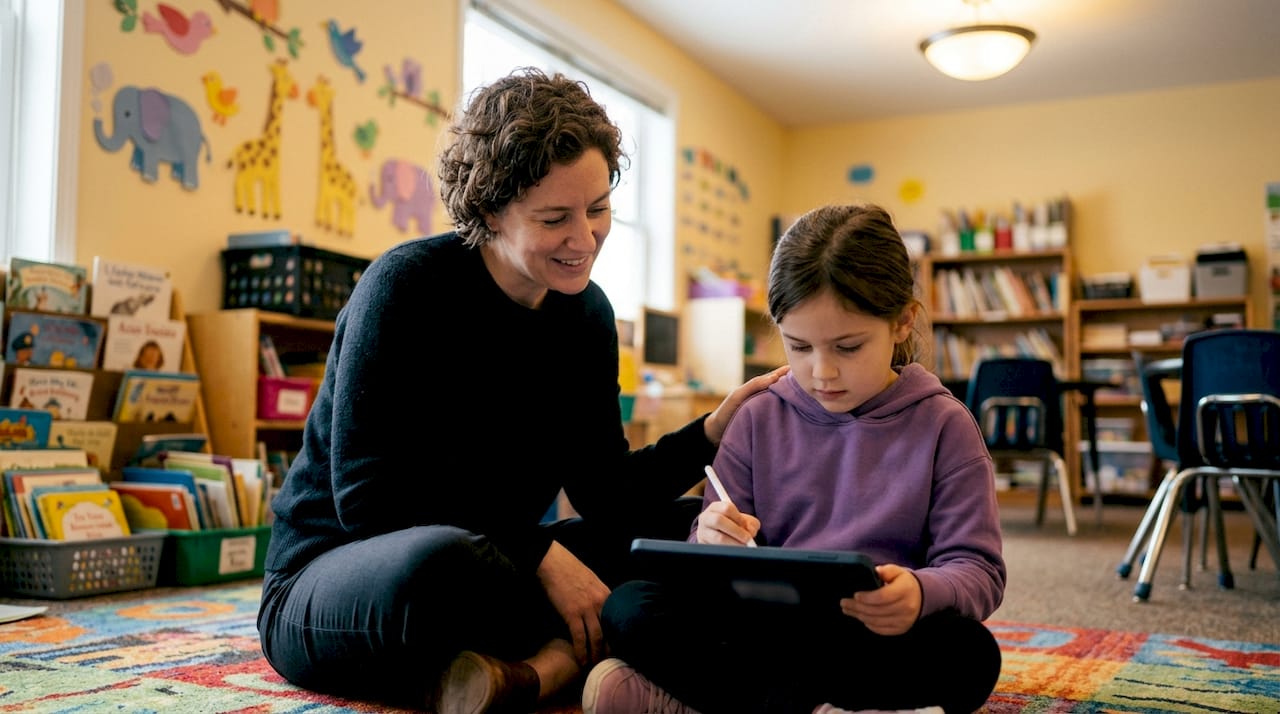 Teacher assisting autistic student in classroom
