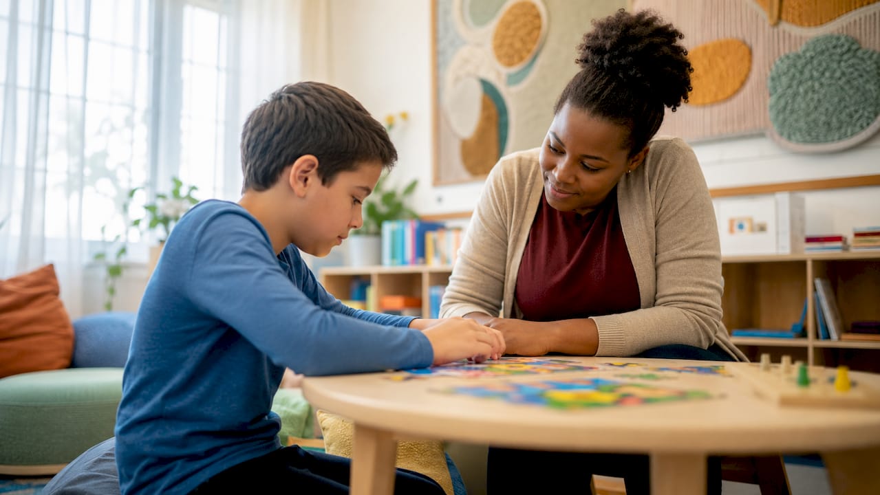 Teacher assisting child in autism classroom