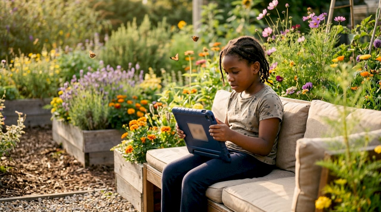 Autistic student using communication tablet in classroom corner