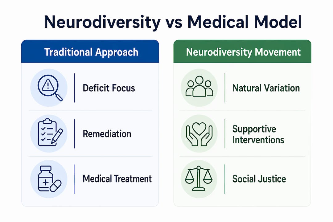 Infographic comparing neurodiversity and medical model approaches