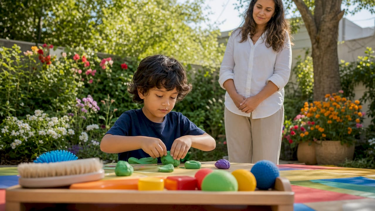 Child using tactile sensory tools in therapy room