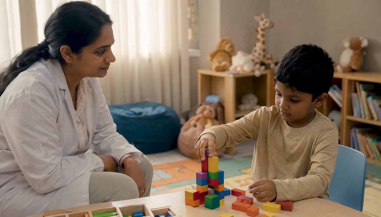 Pediatric neurologist observing child playing blocks