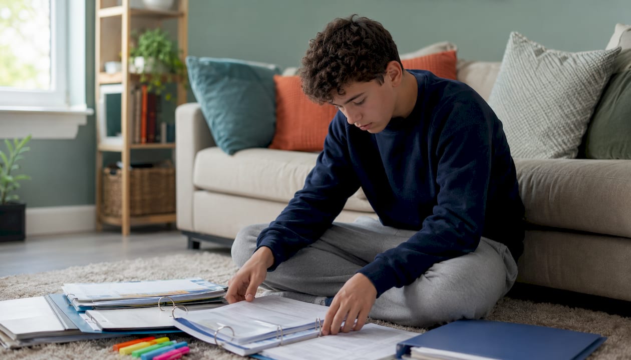 Teen organizing autism enrollment documents at home office