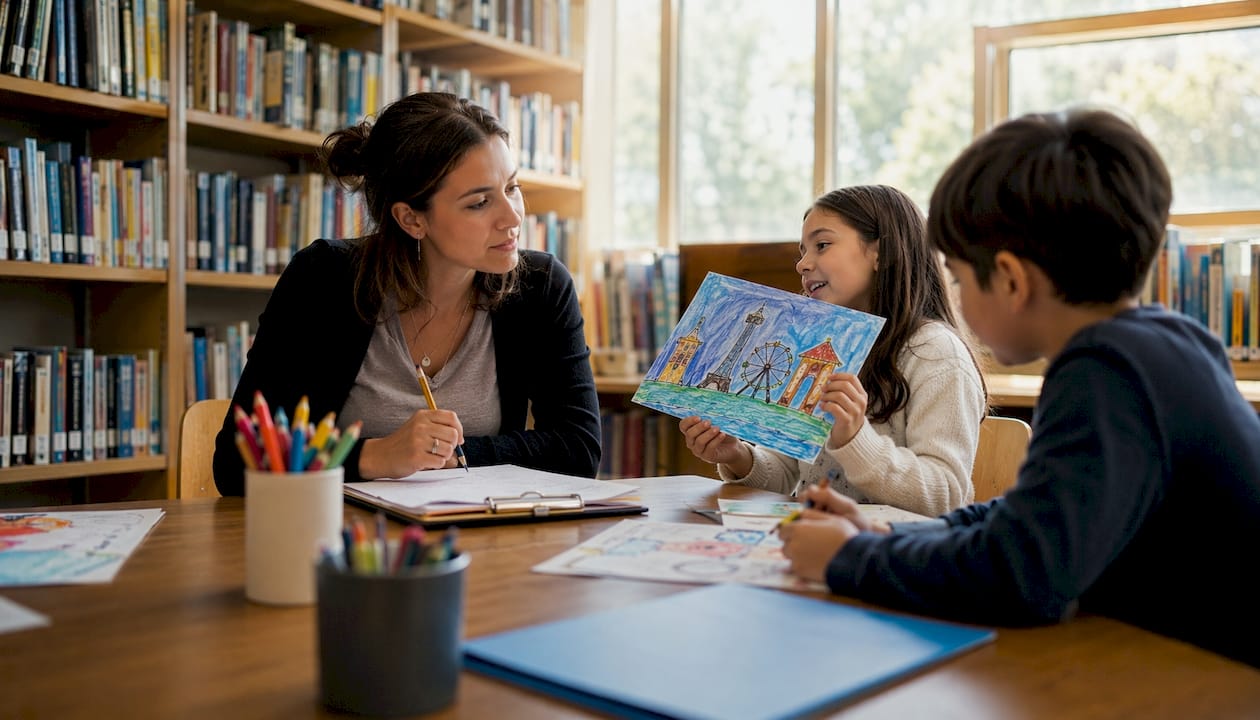 Teacher assessing young students in classroom