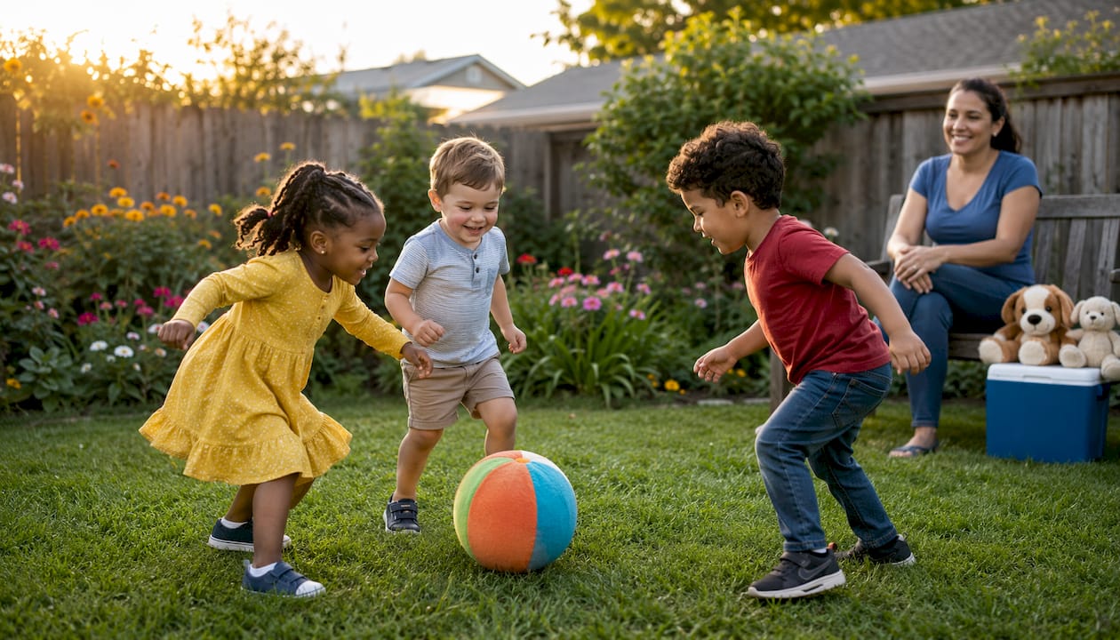 Children and caregiver playing ball game outdoors