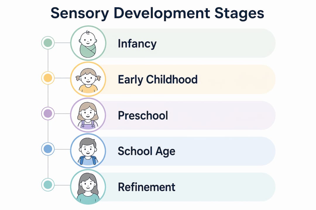 Infographic illustrating the stages of sensory integration development in children