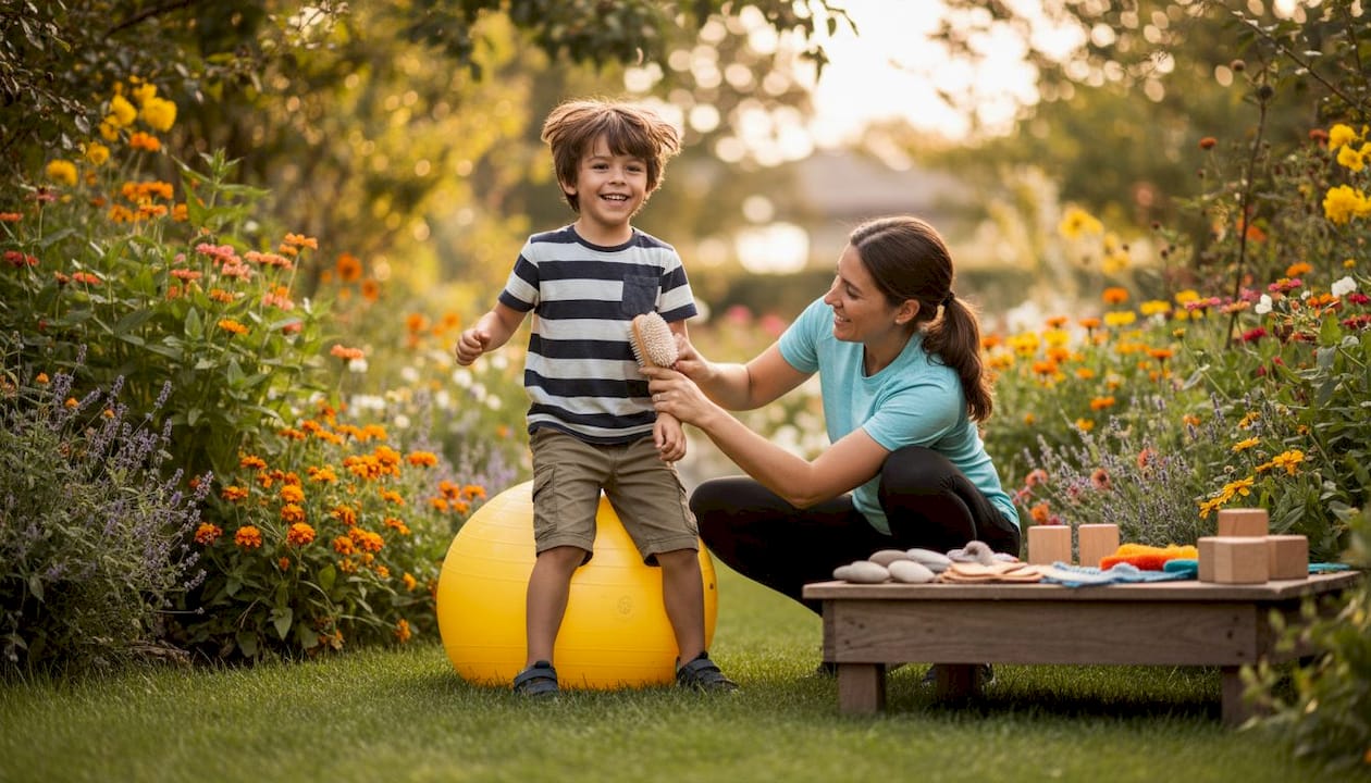 Child and therapist during sensory integration therapy session in pediatric room