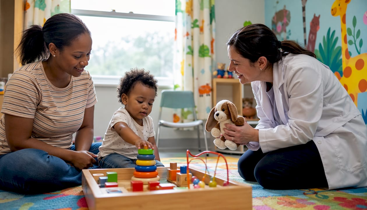 Pediatrician assessing toddler in colorful clinic room