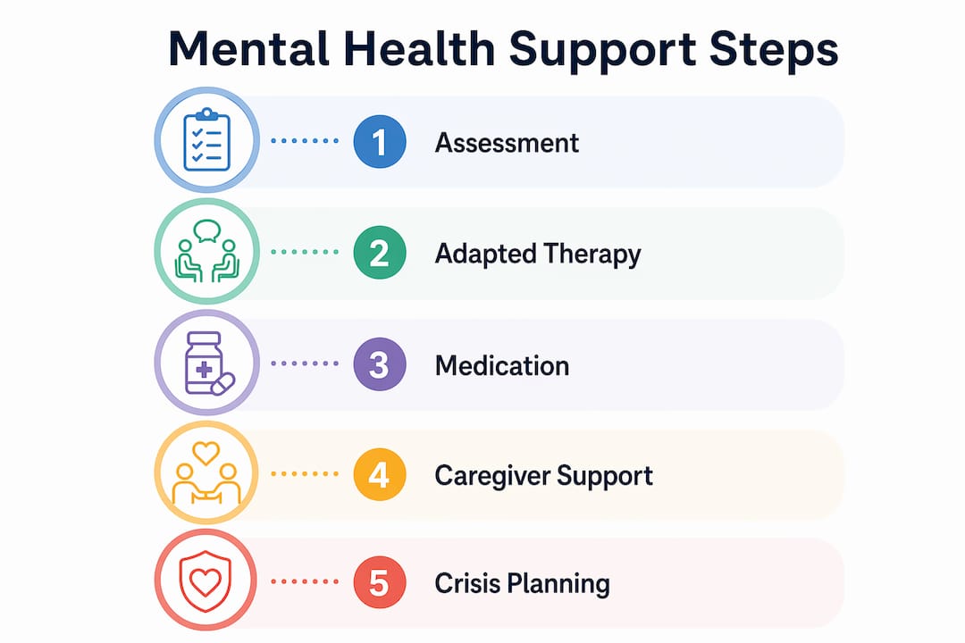 Infographic illustrating steps in mental health support for autism families