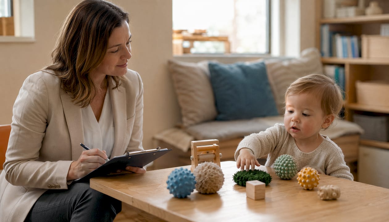 Early intervention specialist evaluating toddler in clinic