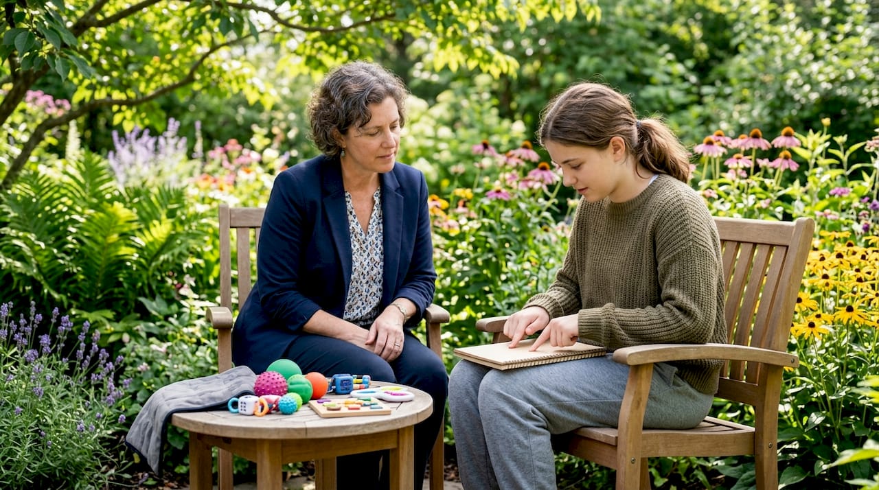 Clinician observing stimming behavior supportively