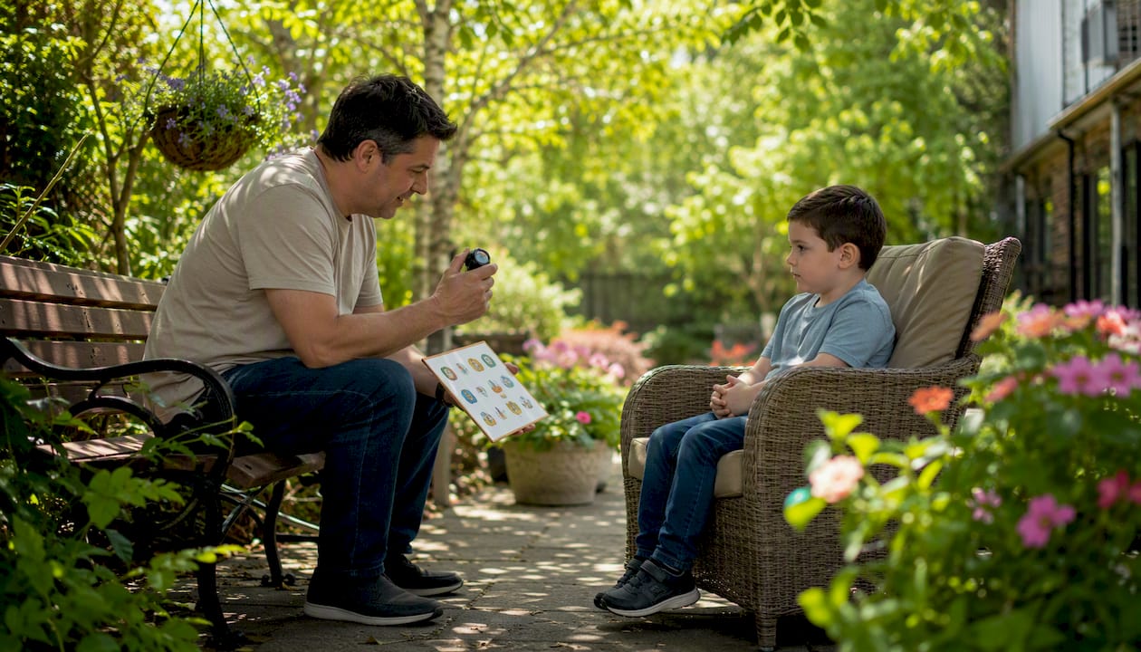 Father practicing medical ride routine with autistic child