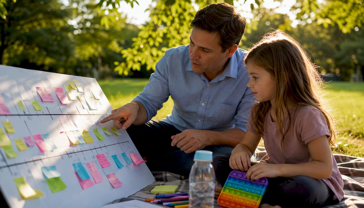 Father and child planning autism meeting timeline