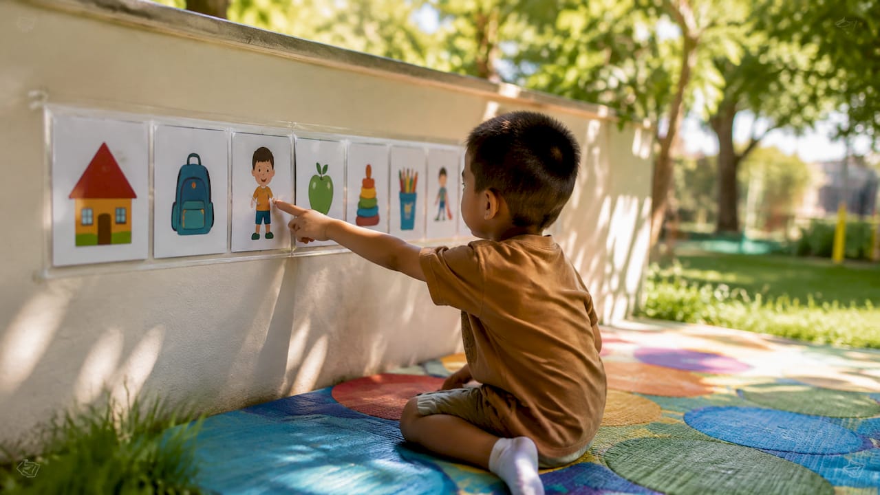Child pointing at visual schedule on wall