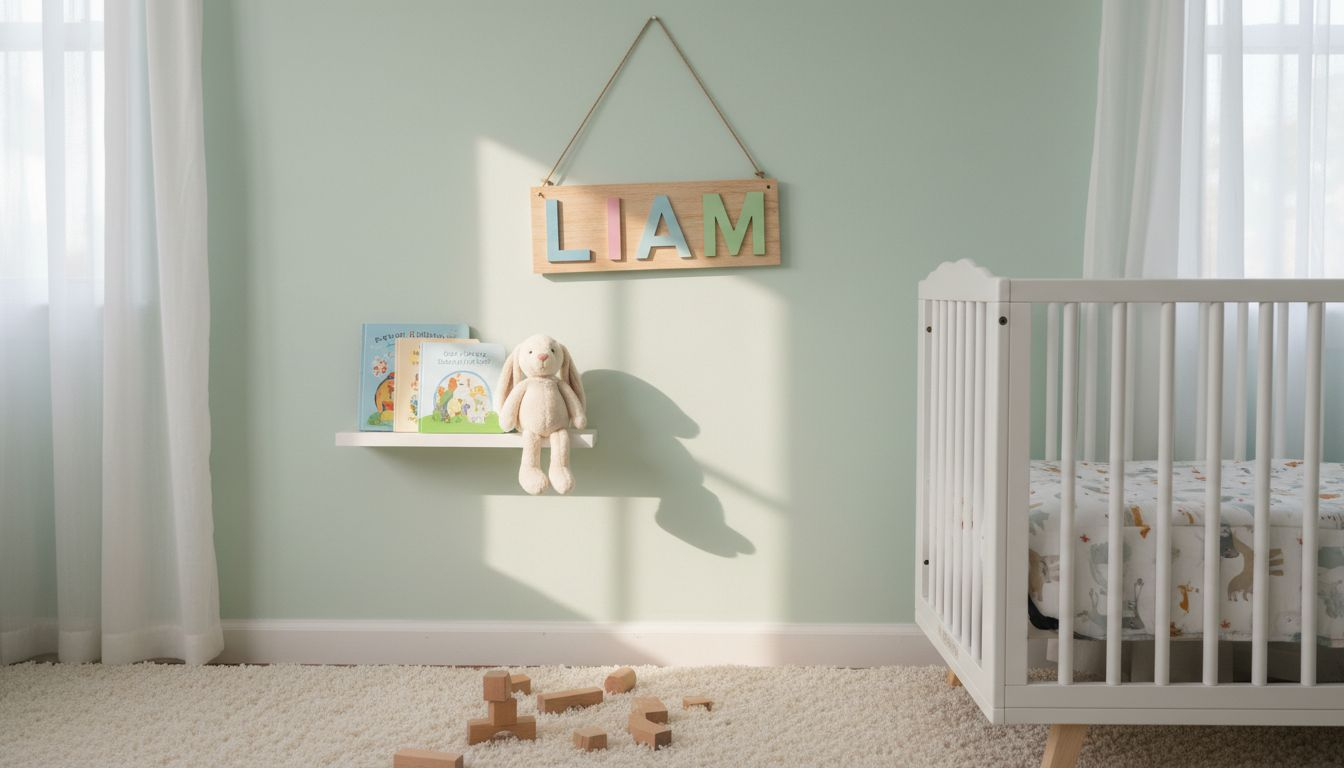 Handcrafted name sign above nursery crib