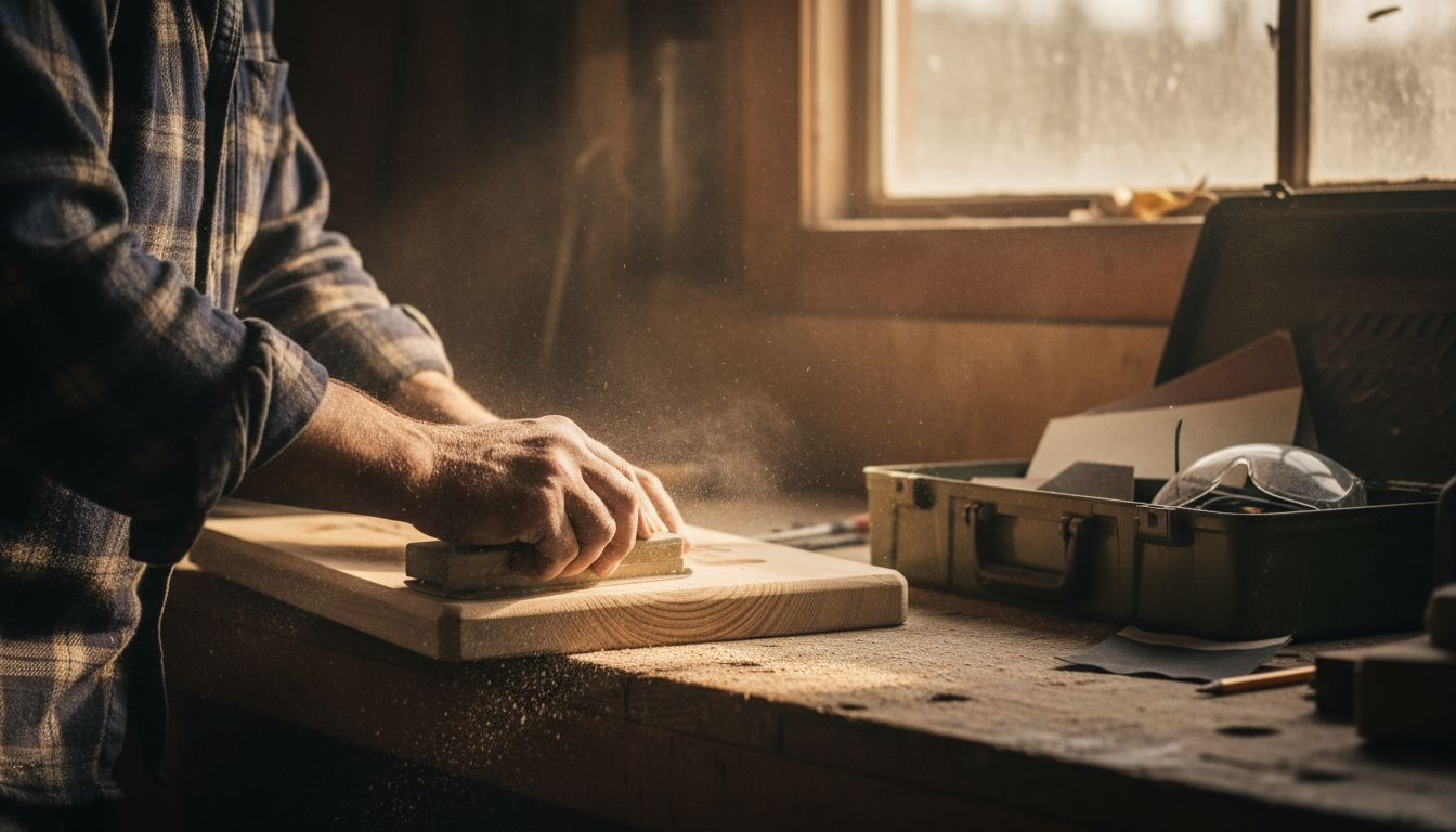 Hands sanding wooden plaque in garage