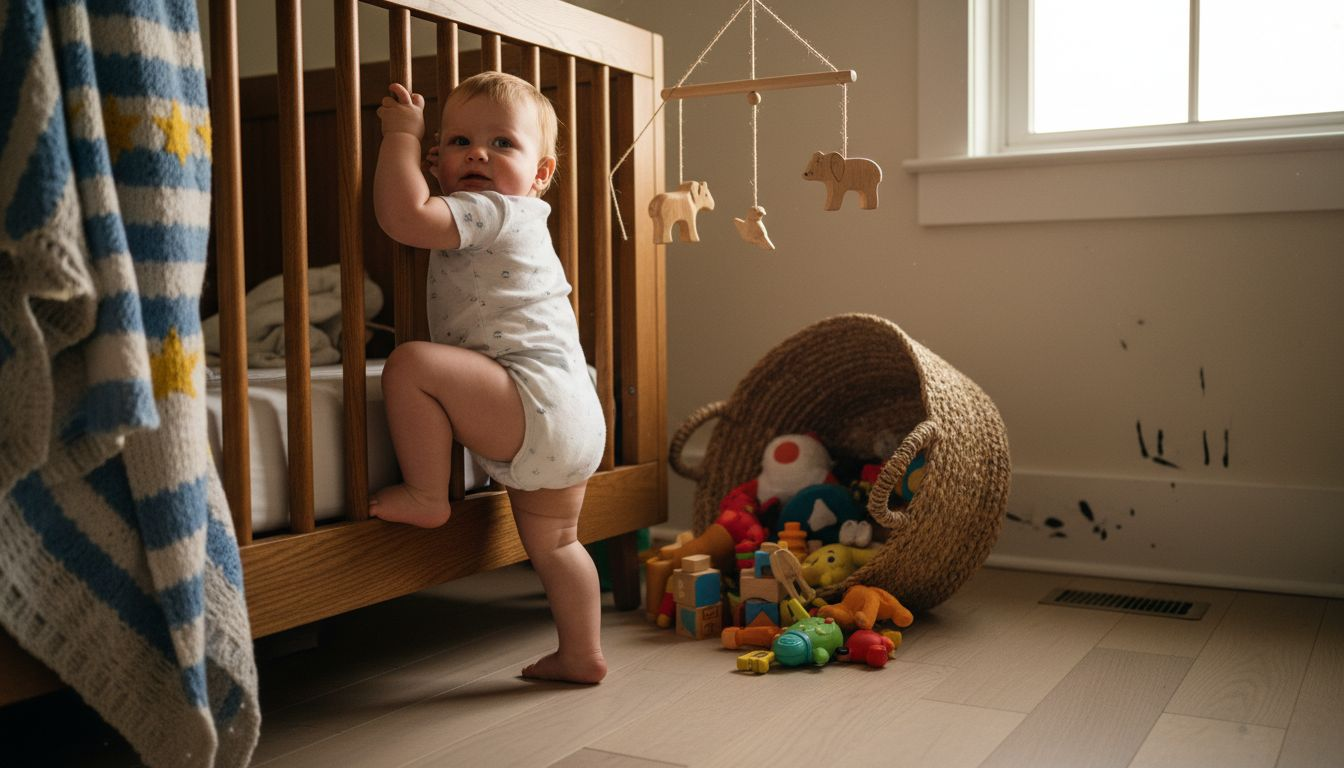 Toddler with sturdy wooden crib and mobile