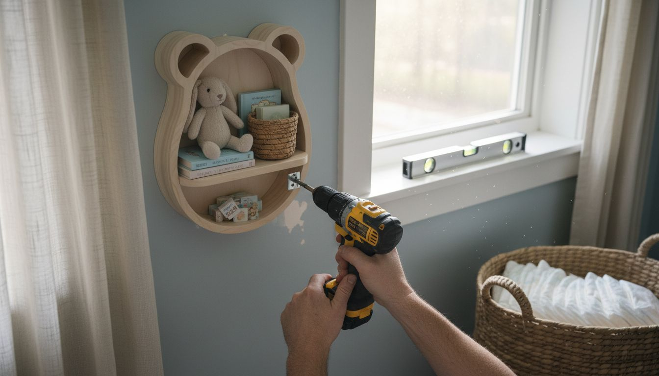 Installing wooden shelf in nursery wall