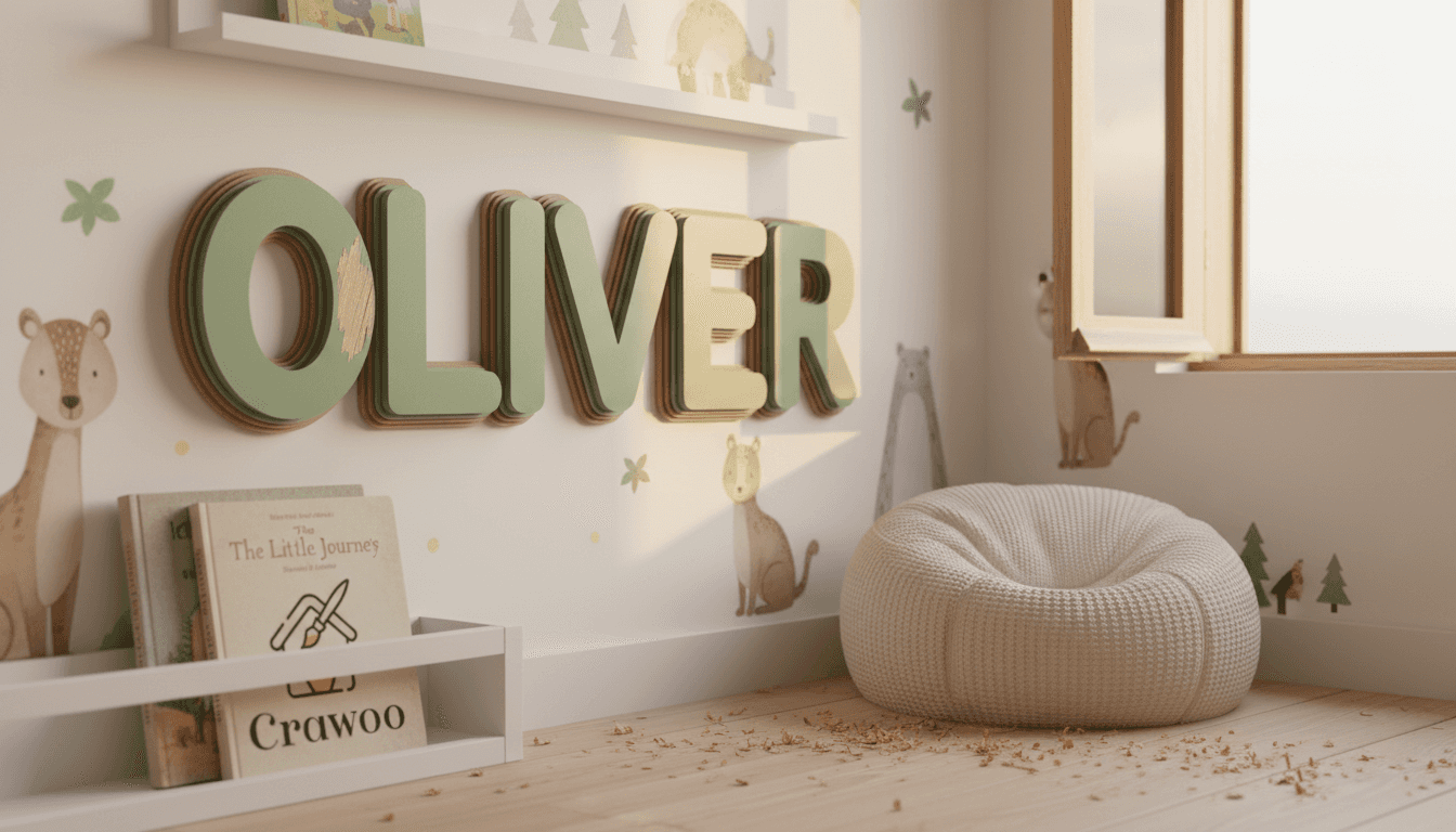 3D wooden name sign above reading nook