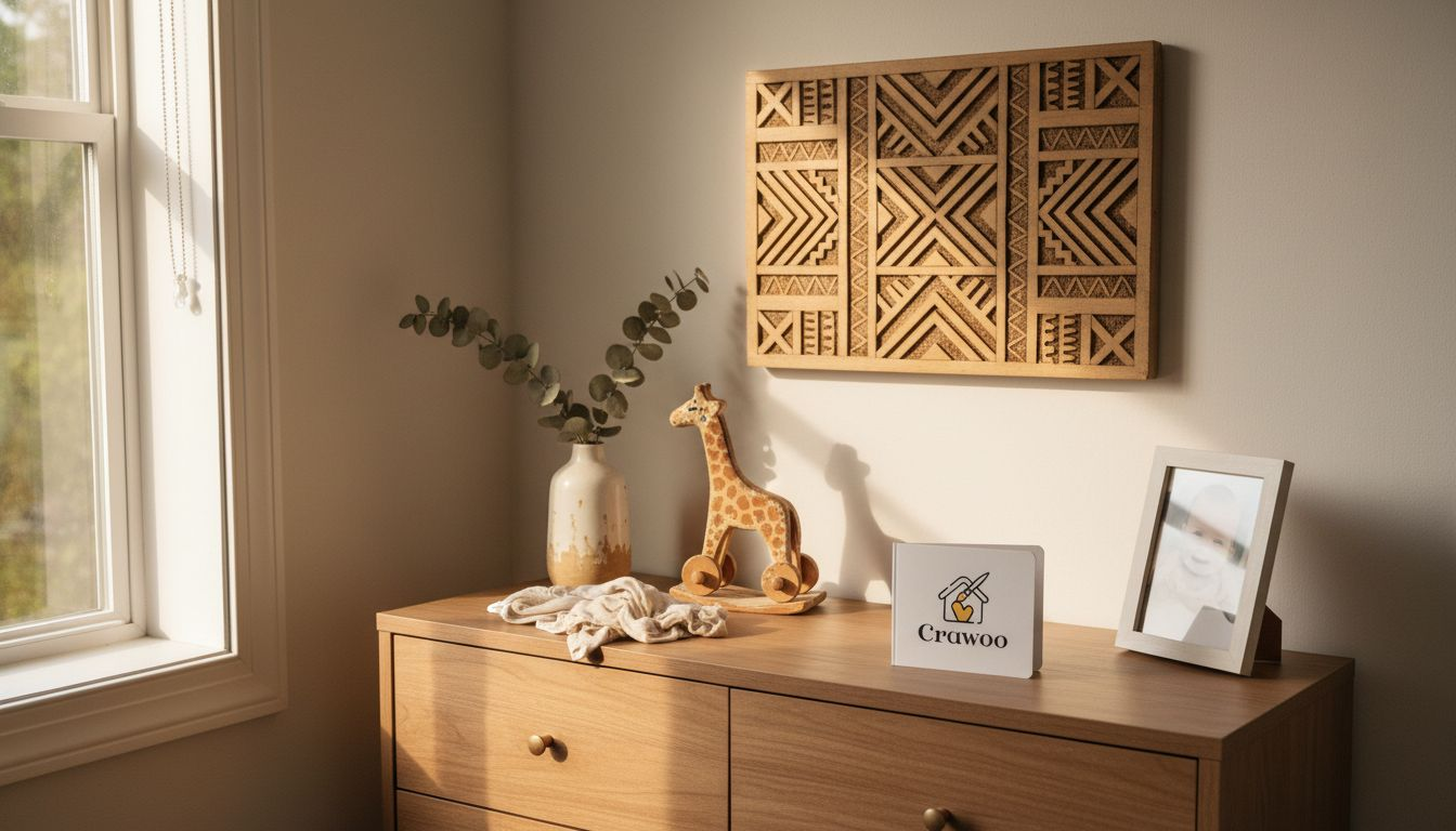 Boho style wooden plaque in nursery corner