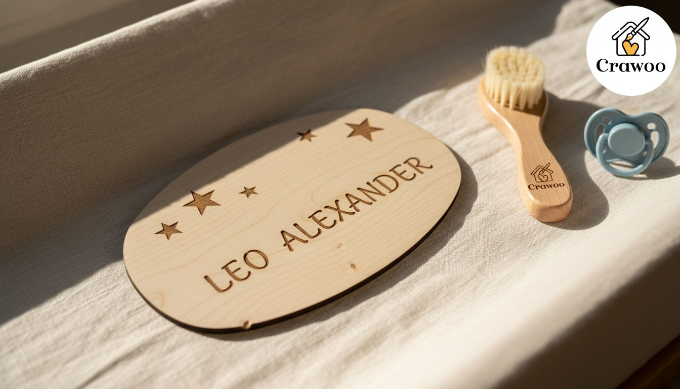 Wooden nursery plaque closeup with natural finish