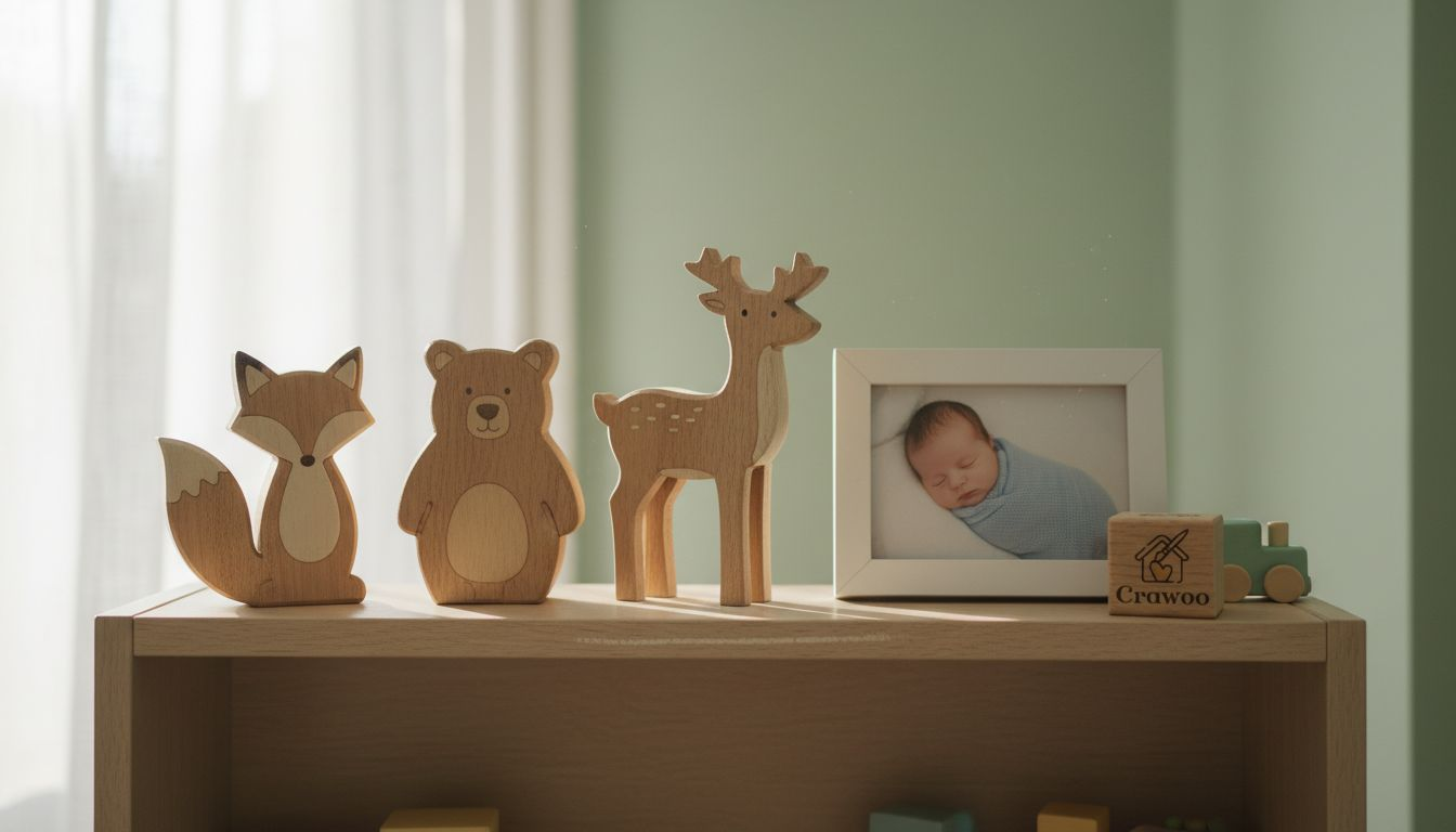 Wooden animal figures on nursery shelf