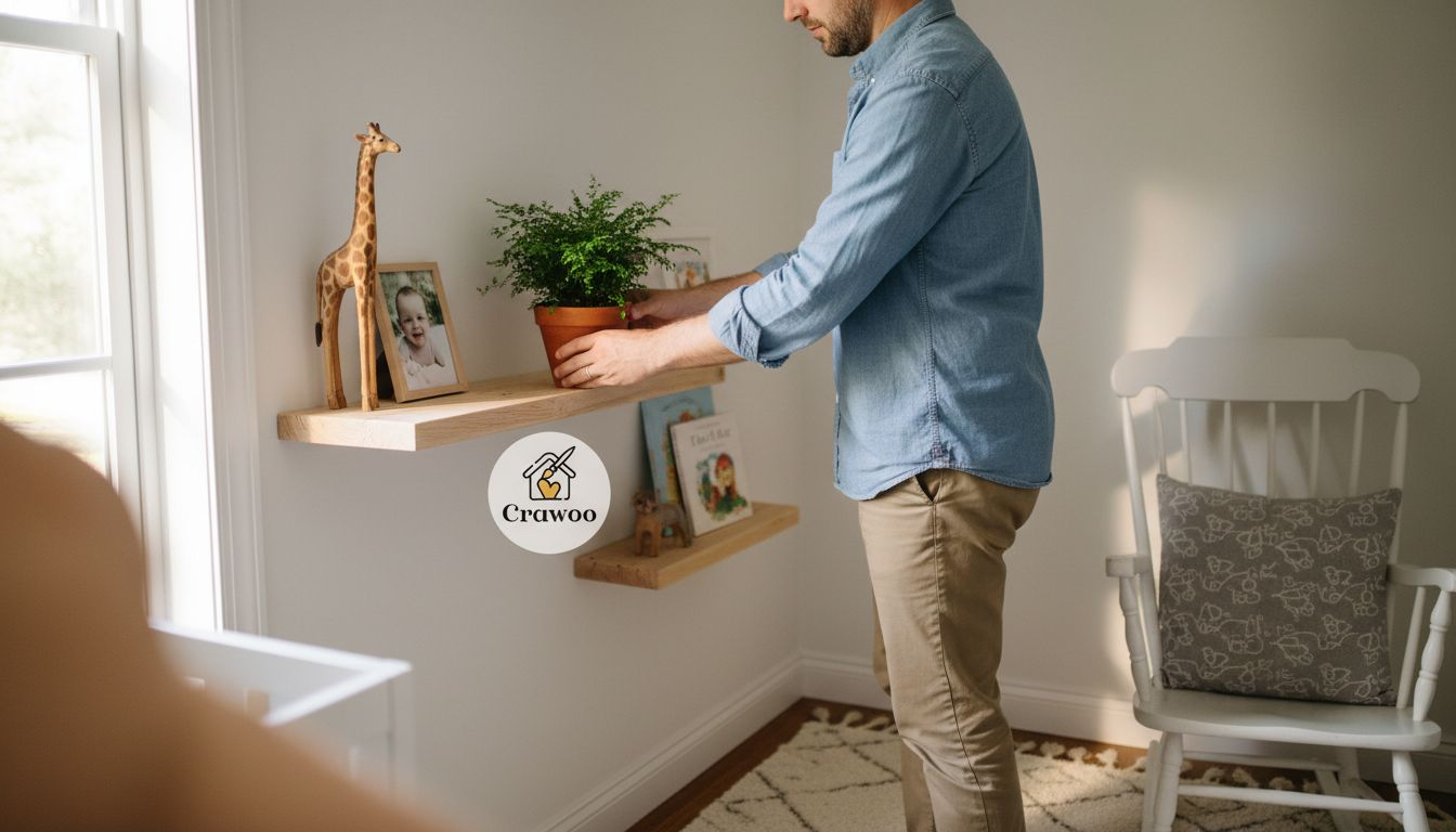 Father placing plant on floating nursery shelf