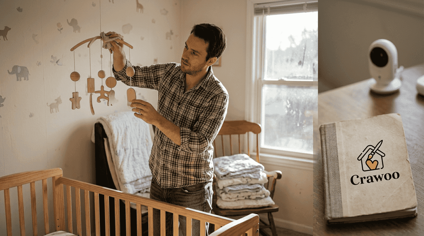 Father dusting wooden mobile for air quality
