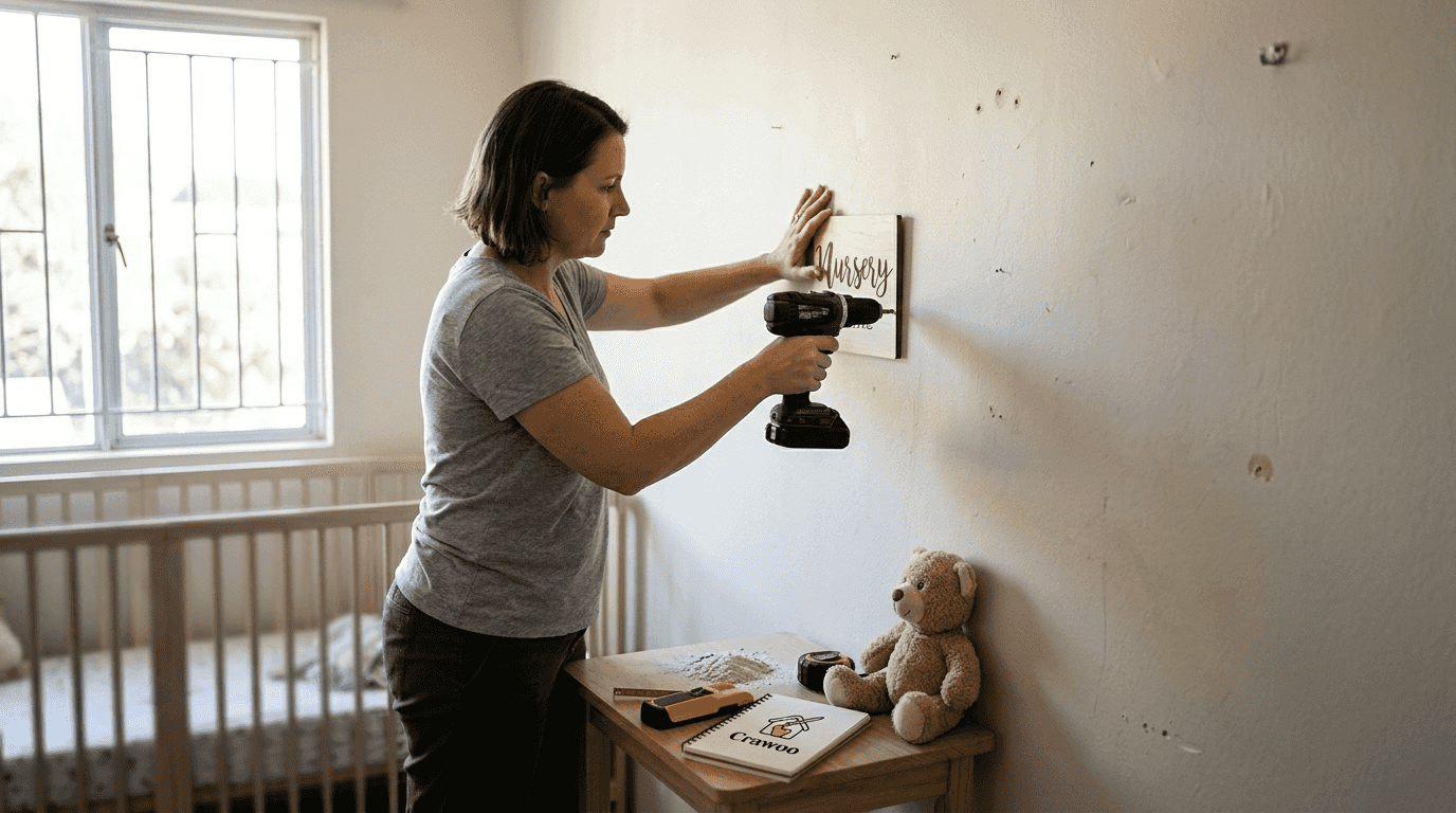 Adult mounting wooden sign using wall hooks