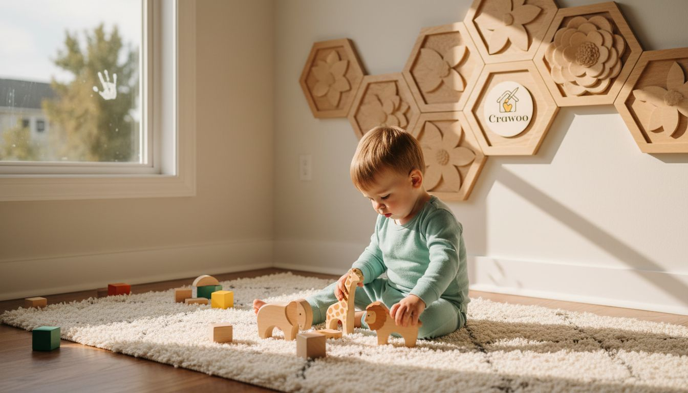 Toddler with geometric floral wooden wall art