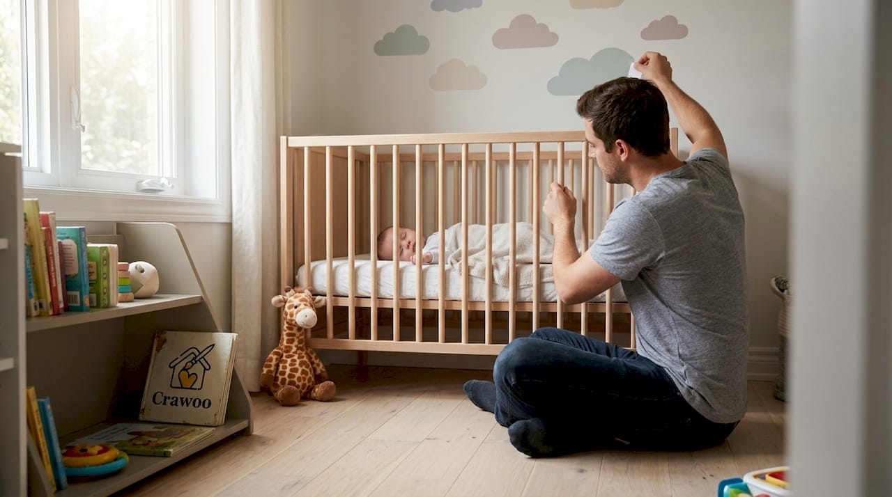 Father arranging calming nursery wall decor