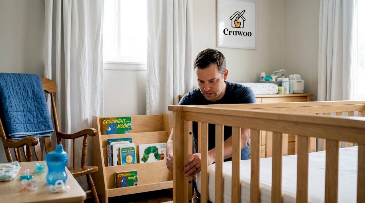 Father adjusting convertible maple crib settings