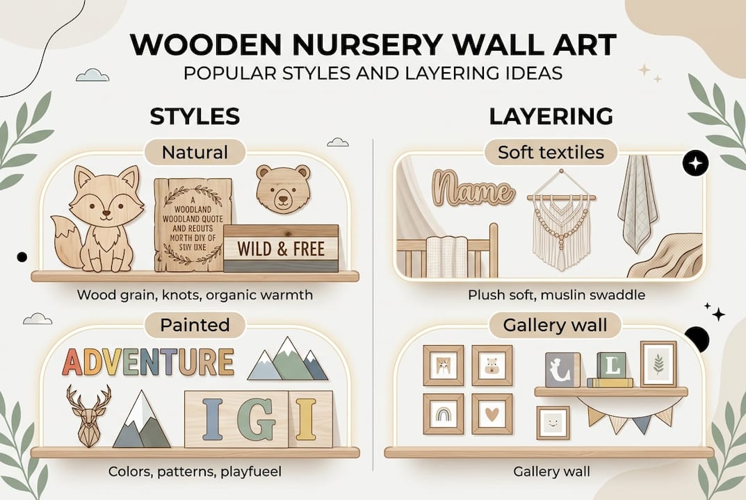 Infographic with wooden nursery art styles and layering tips
