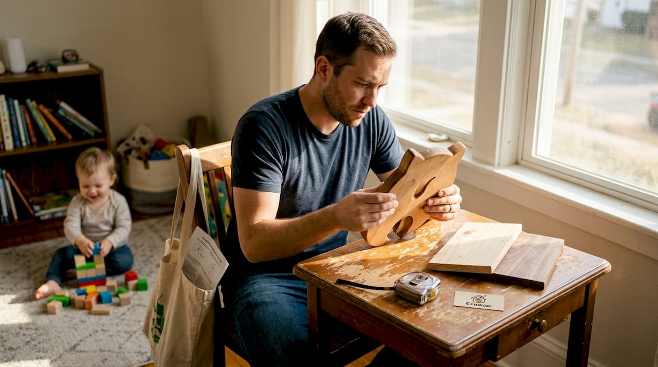 Parent inspects wooden wall art for nursery safety