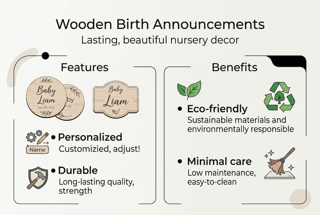 Infographic of wooden birth announcement benefits