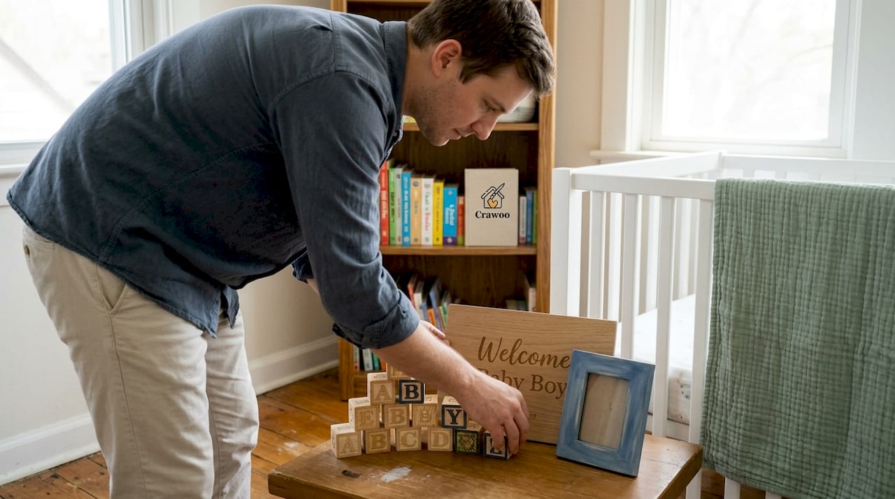Father arranging wooden decor near crib